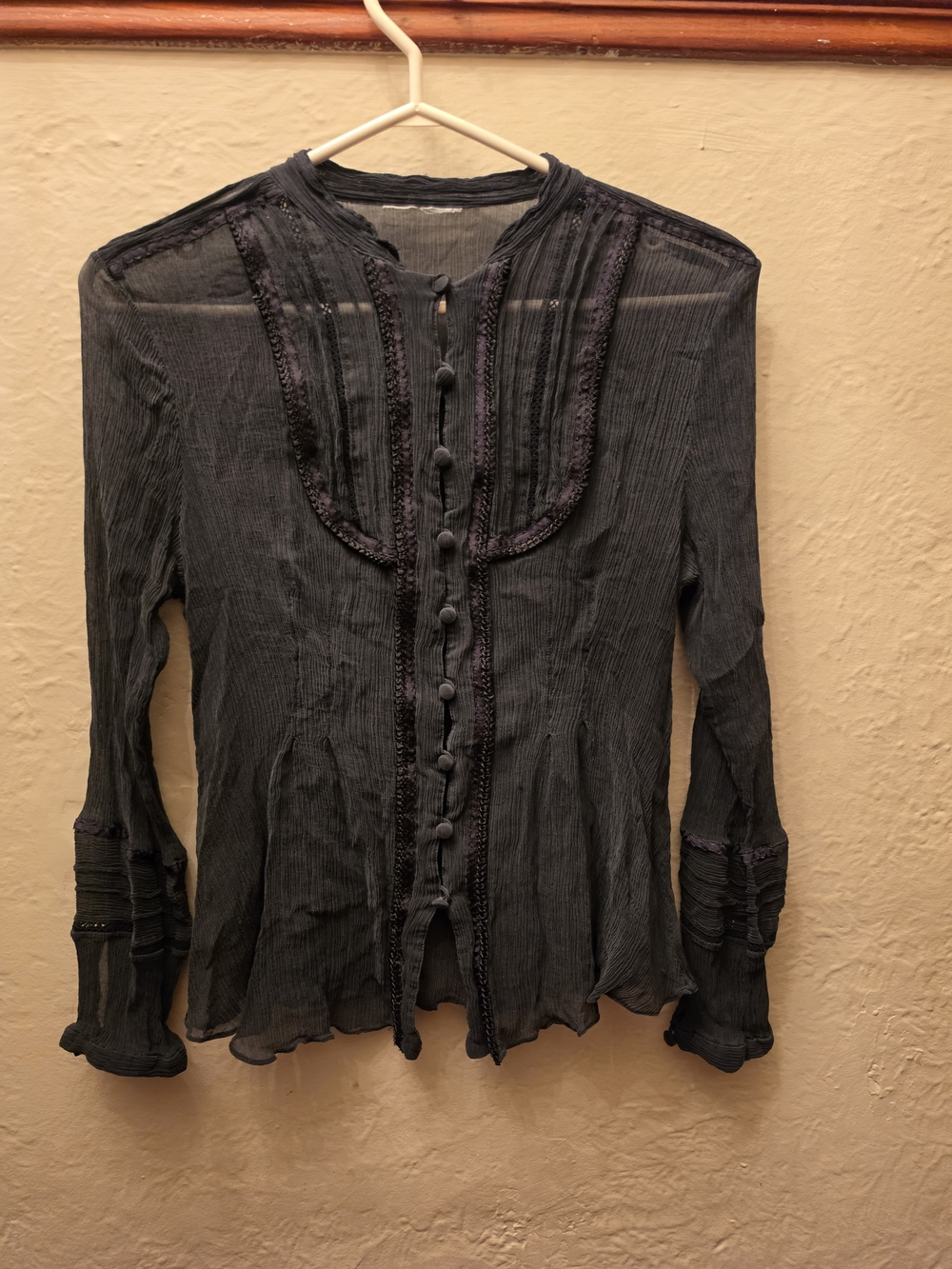 Sheer Crinkle Embroidered Goth Boho Blouse Black S - Picture 6 of 8